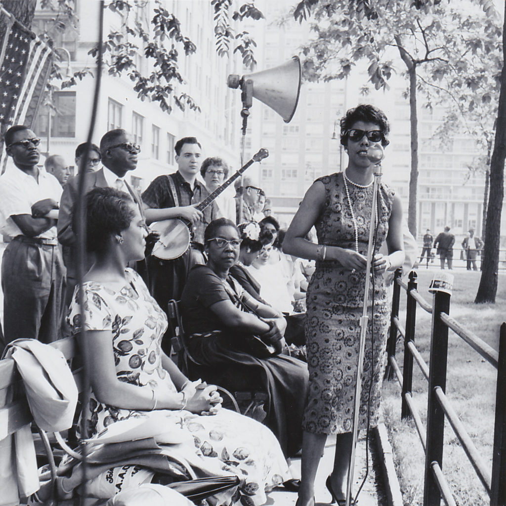 Image: Lorraine Hansberry speaking at Washington Square Park rally, June 13, 1959. 