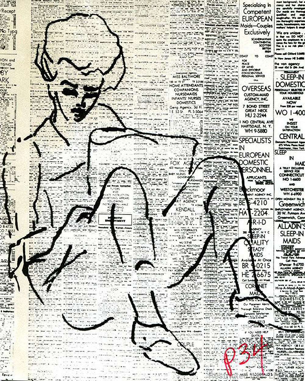 Self-portrait drawn by Lorraine Hansberry in pen & ink on newspaper.